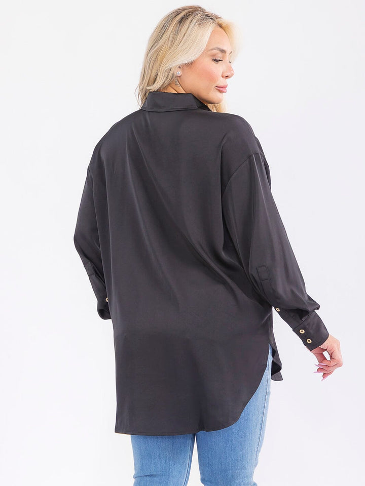 PLUS SIZE LONG SLEEVE BUTTON UP HIGH-LOW OVERSIZED BLOUSE