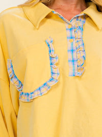 WOMEN'S LONG SLEEVE BUTTON UP FRONT POCKET PLAID RUFFLE TRIM DETAILED TOP