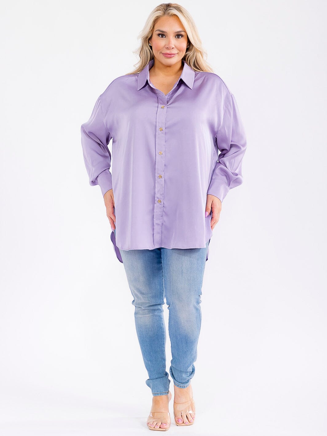 PLUS SIZE LONG SLEEVE BUTTON UP HIGH-LOW OVERSIZED BLOUSE