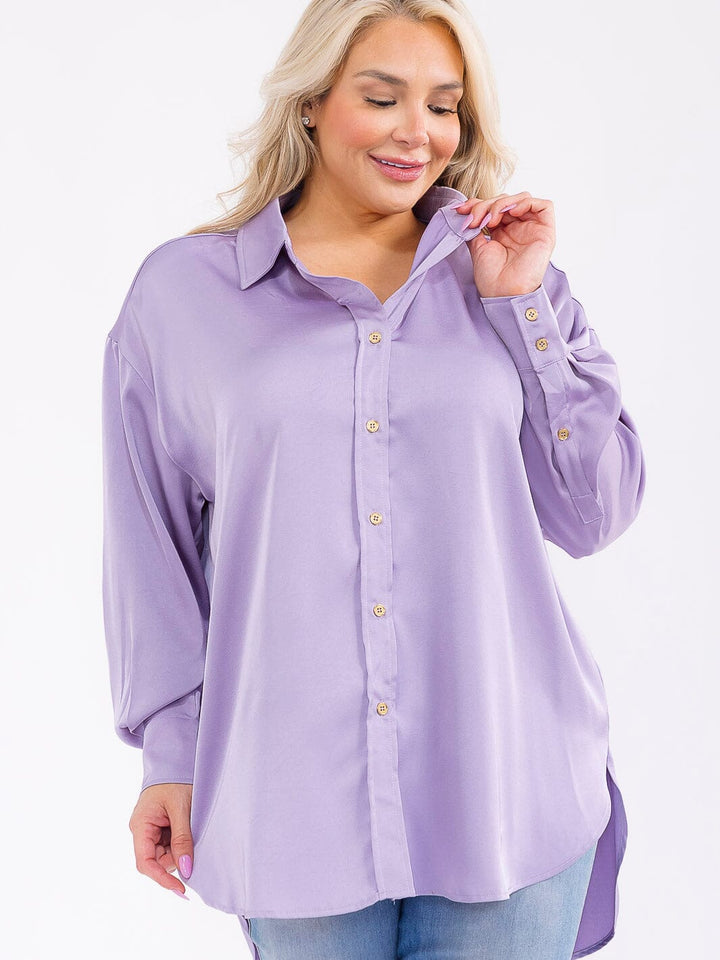 PLUS SIZE LONG SLEEVE BUTTON UP HIGH-LOW OVERSIZED BLOUSE