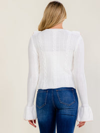 WOMEN'S LONG BELL SLEEVE RUFFLE KNIT PULLOVER SWEATER