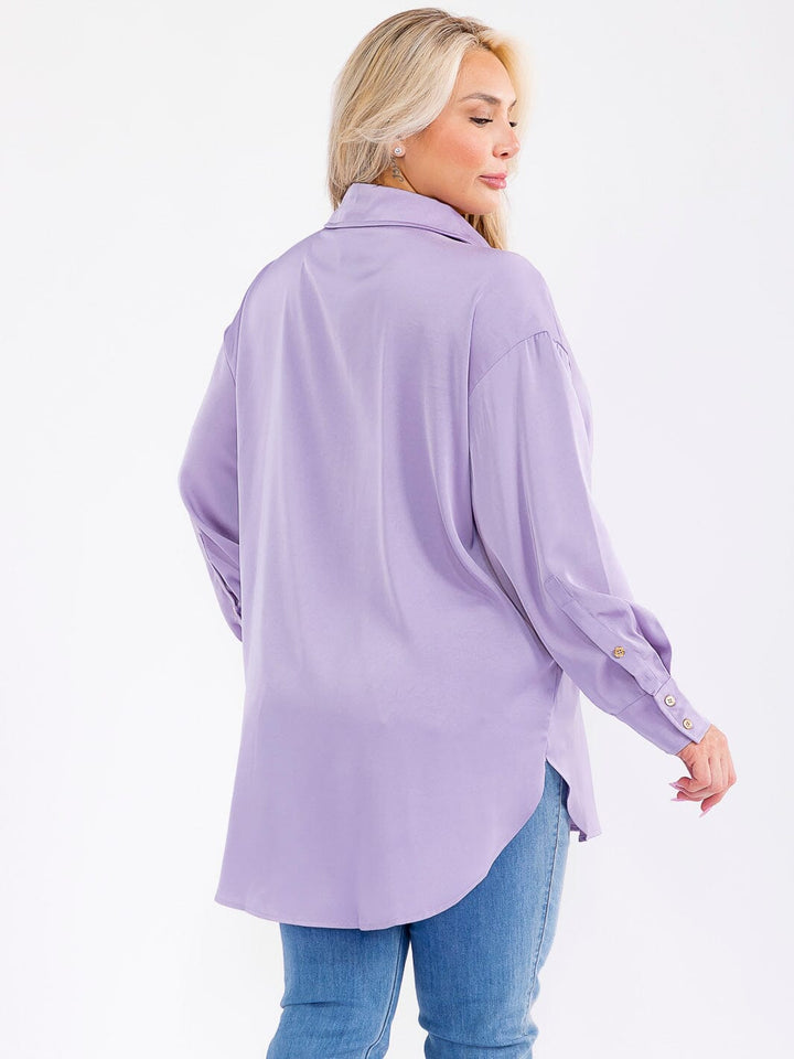 PLUS SIZE LONG SLEEVE BUTTON UP HIGH-LOW OVERSIZED BLOUSE