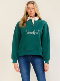 WOMEN'S LONG SLEEVE BUTTON CLOSURE COLORBLOCK THANKFUL PULLOVER SWEATER