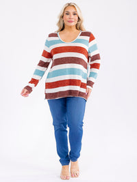 PLUS SIZE LONG SLEEVE V-NECK COLORBLOCK STRIPES TOP