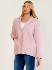 WOMEN'S LONG SLEEVE BUTTON CLOSURE FRONT POCKETS LINEN BLAZER