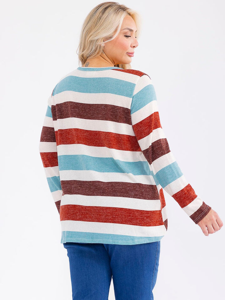 PLUS SIZE LONG SLEEVE V-NECK COLORBLOCK STRIPES TOP