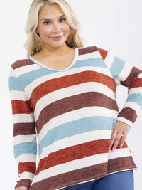 PLUS SIZE LONG SLEEVE V-NECK COLORBLOCK STRIPES TOP