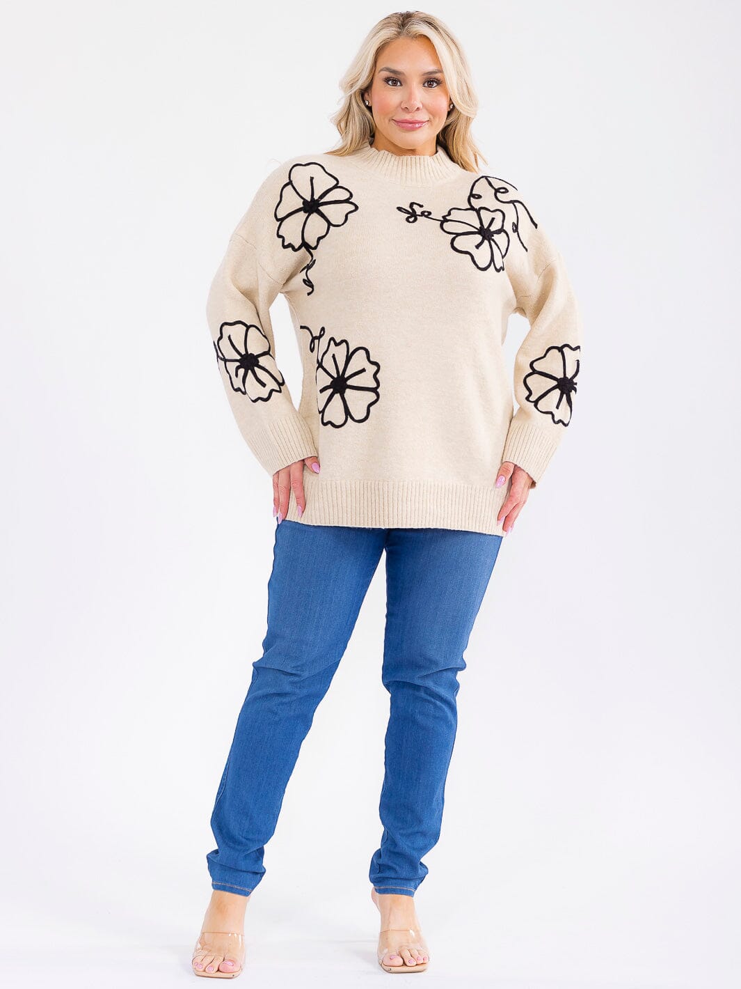 PLUS SIZE LONG SLEEVE FLOWERS PULLOVER SWEATER