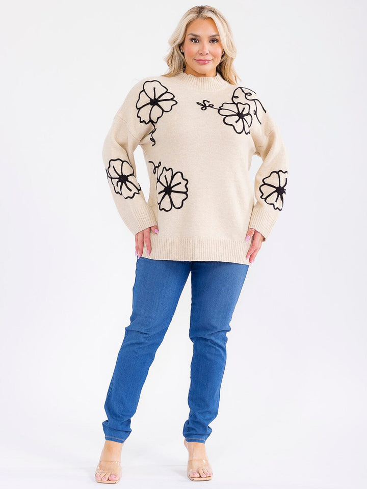 PLUS SIZE LONG SLEEVE FLOWERS PULLOVER SWEATER
