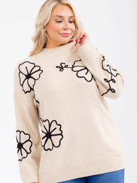 PLUS SIZE LONG SLEEVE FLOWERS PULLOVER SWEATER
