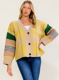 WOMEN'S LONG SLEEVE BUTTON CLOSURE V-NECK COLORBLOCK SWEATER