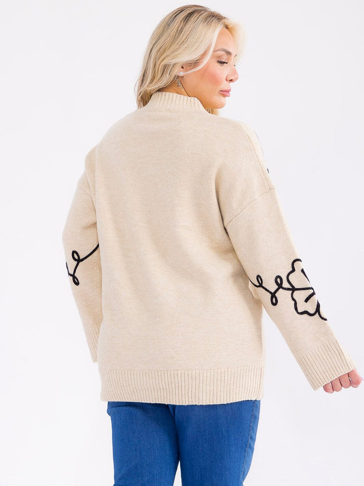 PLUS SIZE LONG SLEEVE FLOWERS PULLOVER SWEATER