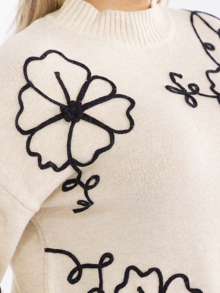 PLUS SIZE LONG SLEEVE FLOWERS PULLOVER SWEATER