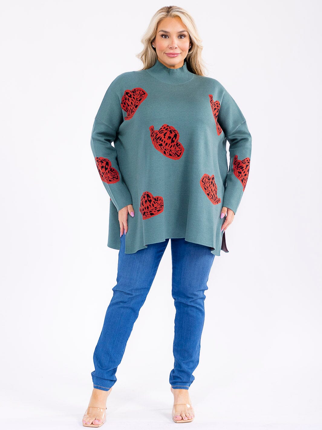 PLUS SIZE LONG SLEEVE MOCK NECK GRAPHIC PULLOVER OVERSIZED SWEATER