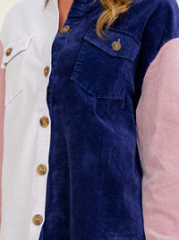 WOMEN'S LONG SLEEVE BUTTON CLOSURE POCKETS COLORBLOCK CORDUROY SHACKET
