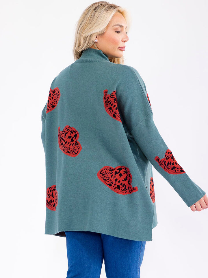 PLUS SIZE LONG SLEEVE MOCK NECK GRAPHIC PULLOVER OVERSIZED SWEATER