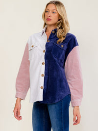 WOMEN'S LONG SLEEVE BUTTON CLOSURE POCKETS COLORBLOCK CORDUROY SHACKET