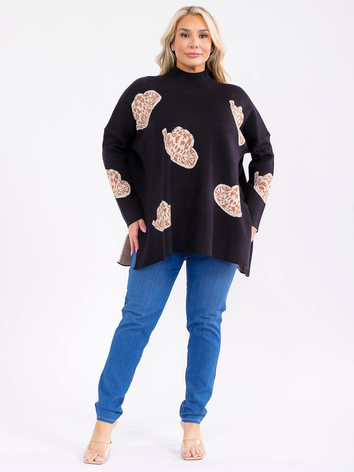 PLUS SIZE LONG SLEEVE MOCK NECK GRAPHIC PULLOVER OVERSIZED SWEATER