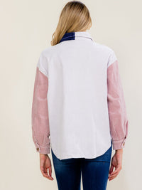 WOMEN'S LONG SLEEVE BUTTON CLOSURE POCKETS COLORBLOCK CORDUROY SHACKET