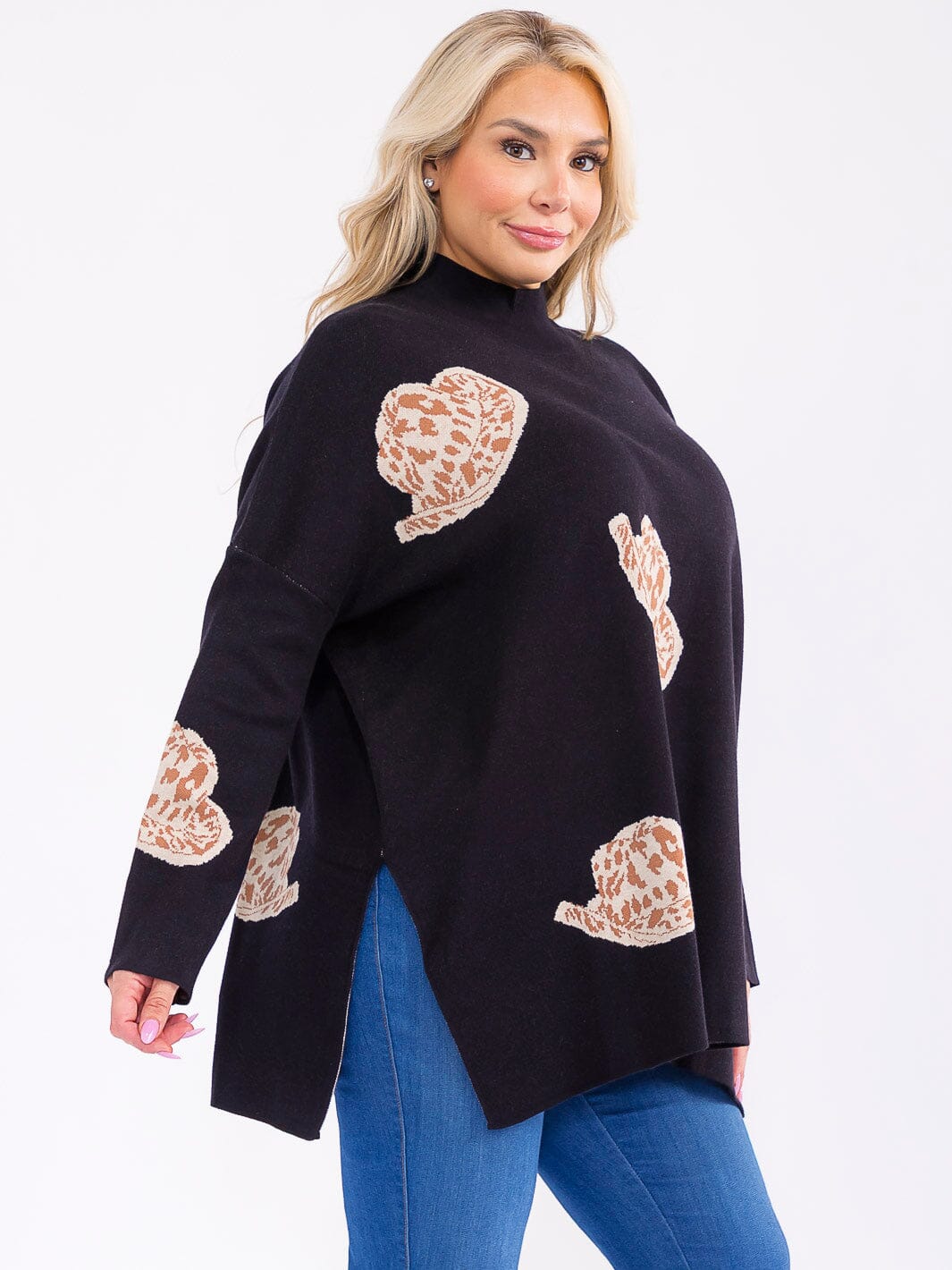 PLUS SIZE LONG SLEEVE MOCK NECK GRAPHIC PULLOVER OVERSIZED SWEATER