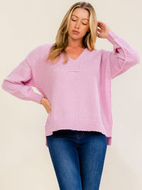 WOMEN'S LONG SLEEVE V-NECK HIGH-LOW PULLOVER SWEATER