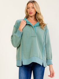 WOMEN'S LONG SLEEVE V-NECK BUTTON CLOSURE OVERSIZED PULLOVER SWEATER