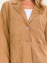 WOMEN'S LONG SLEEVE BUTTON UP FRONT POCKETS SUEDE COAT
