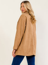 WOMEN'S LONG SLEEVE BUTTON UP FRONT POCKETS SUEDE COAT