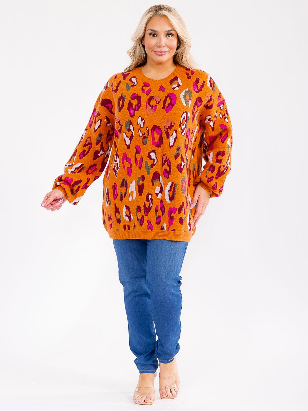 PLUS SIZE LONG SLEEVE ANIMAL PRINT PULLOVER BLOUSE