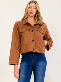 WOMEN'S LONG SLEEVE BUTTON UP FRONT POCKETS SUEDE JACKET