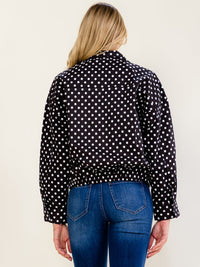 WOMEN'S LONG SLEEVE ZIPPER CLOSURE FRONT POCKETS POLKA DOTS DENIM JACKET