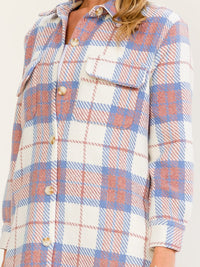 WOMEN'S LONG SLEEVE BUTTON UP FRONT POCKETS PLAID COAT