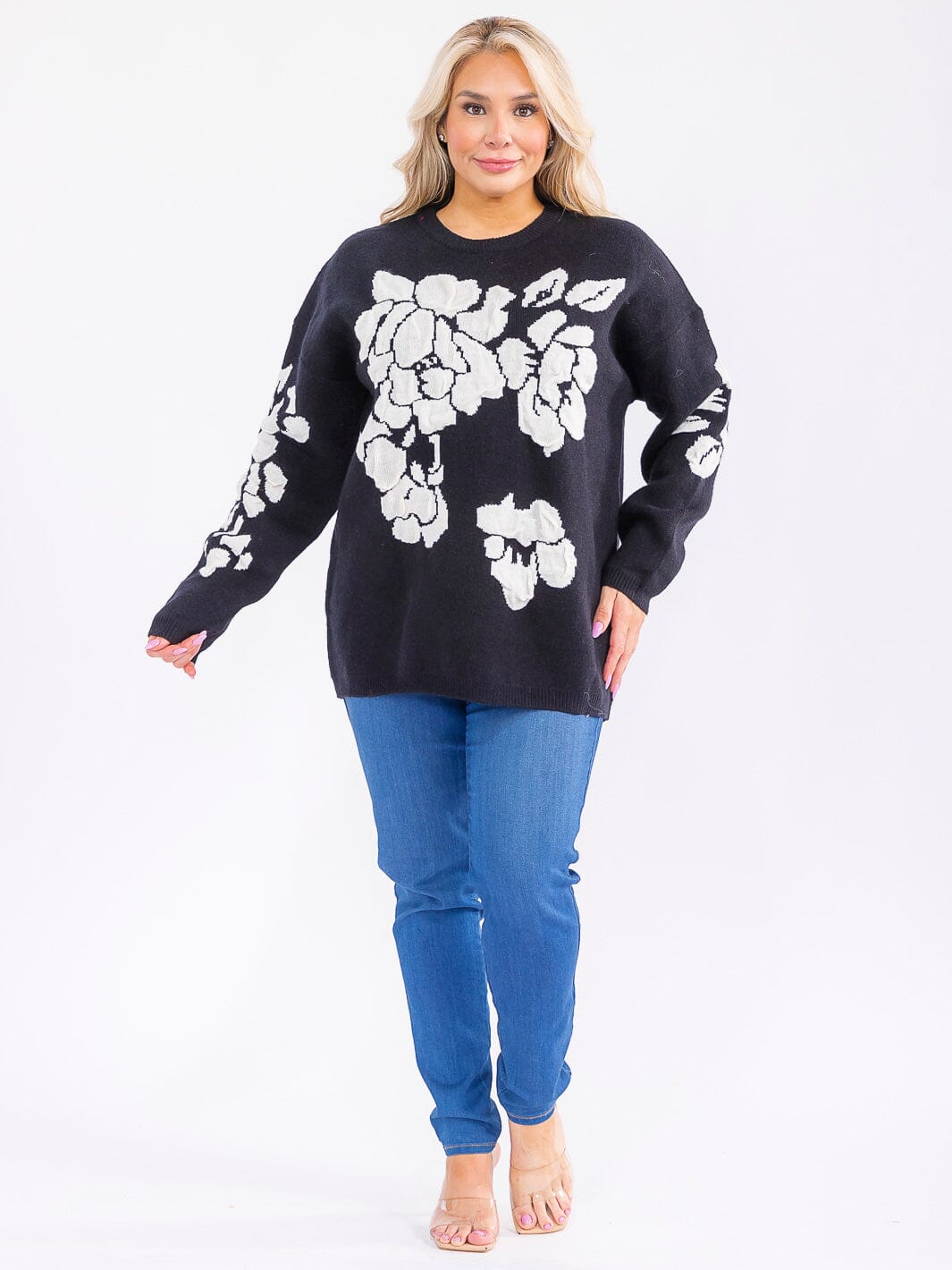 PLUS SIZE LONG SLEEVE FLORAL PRINT PULLOVER SWEATER