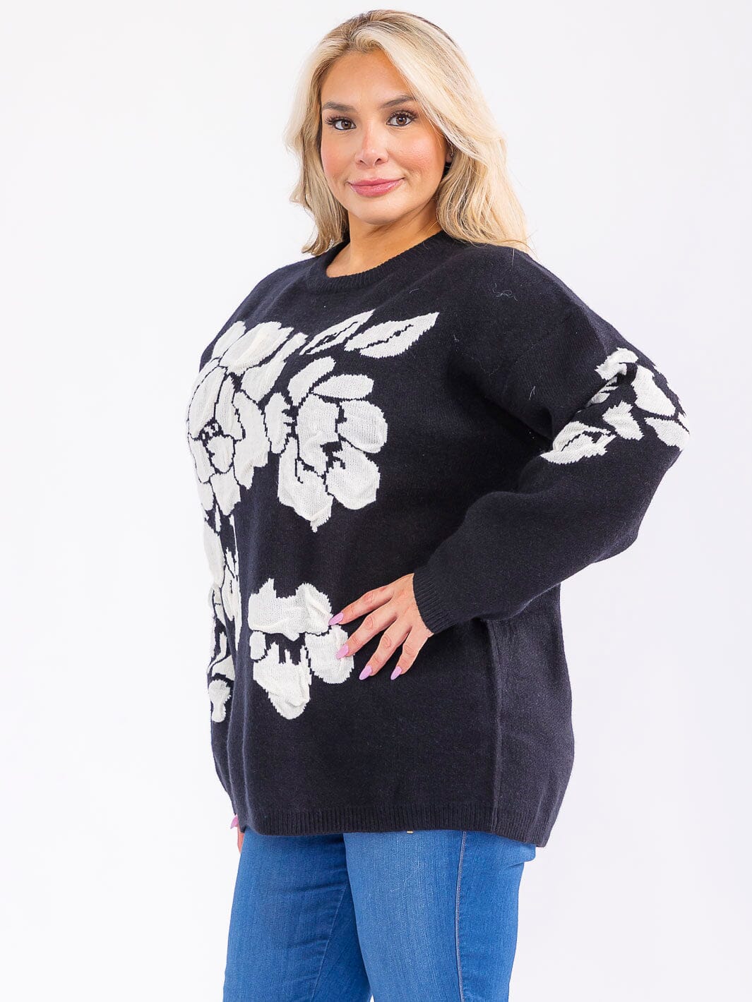 PLUS SIZE LONG SLEEVE FLORAL PRINT PULLOVER SWEATER