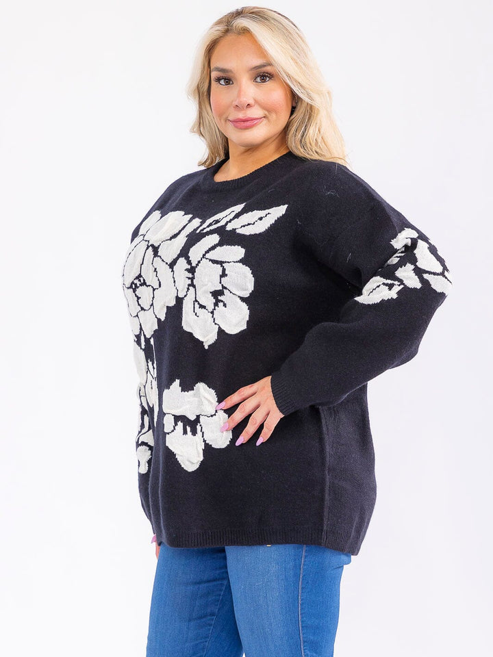 PLUS SIZE LONG SLEEVE FLORAL PRINT PULLOVER SWEATER