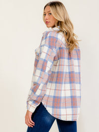 WOMEN'S LONG SLEEVE BUTTON UP FRONT POCKETS PLAID JACKET