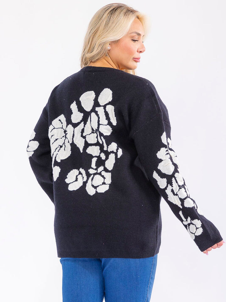 PLUS SIZE LONG SLEEVE FLORAL PRINT PULLOVER SWEATER