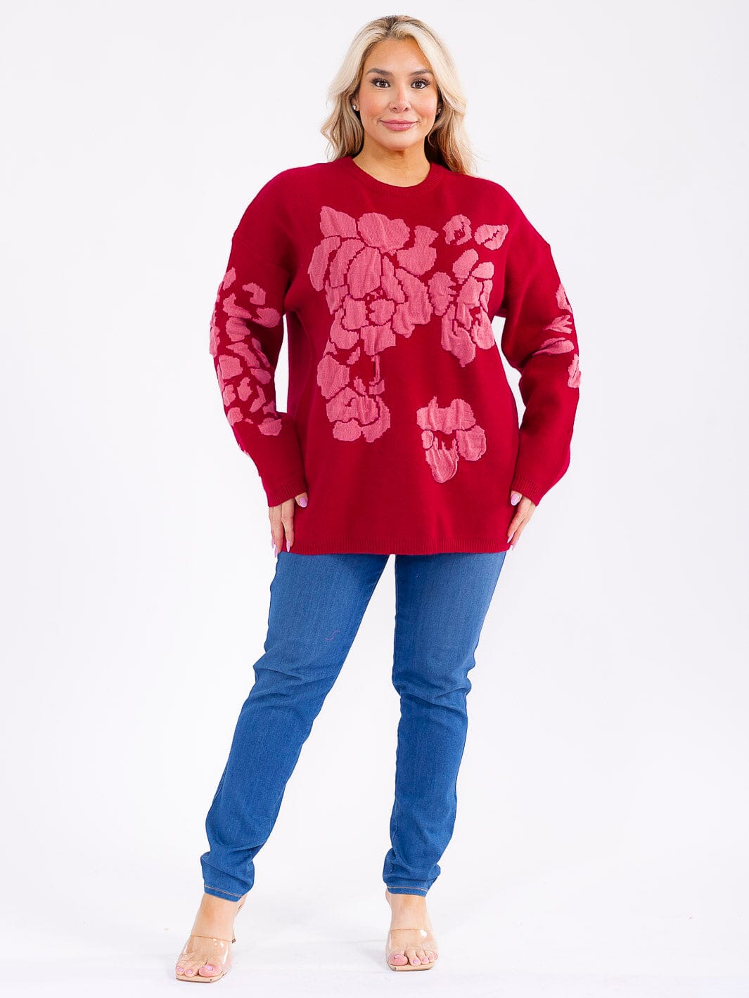PLUS SIZE LONG SLEEVE FLORAL PRINT PULLOVER SWEATER