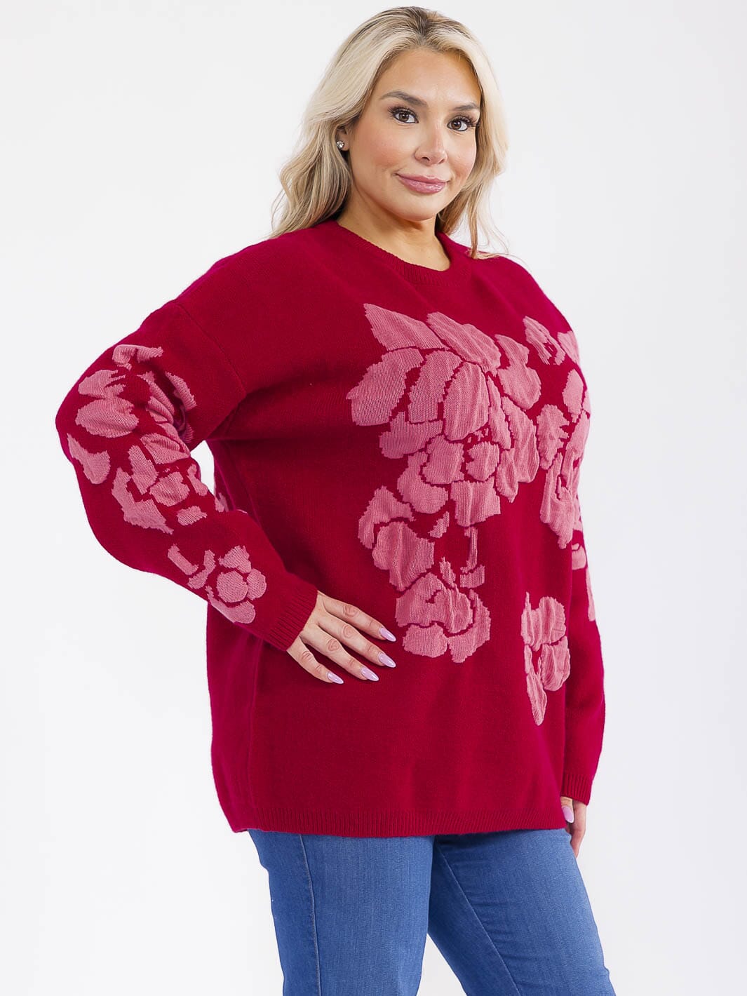 PLUS SIZE LONG SLEEVE FLORAL PRINT PULLOVER SWEATER