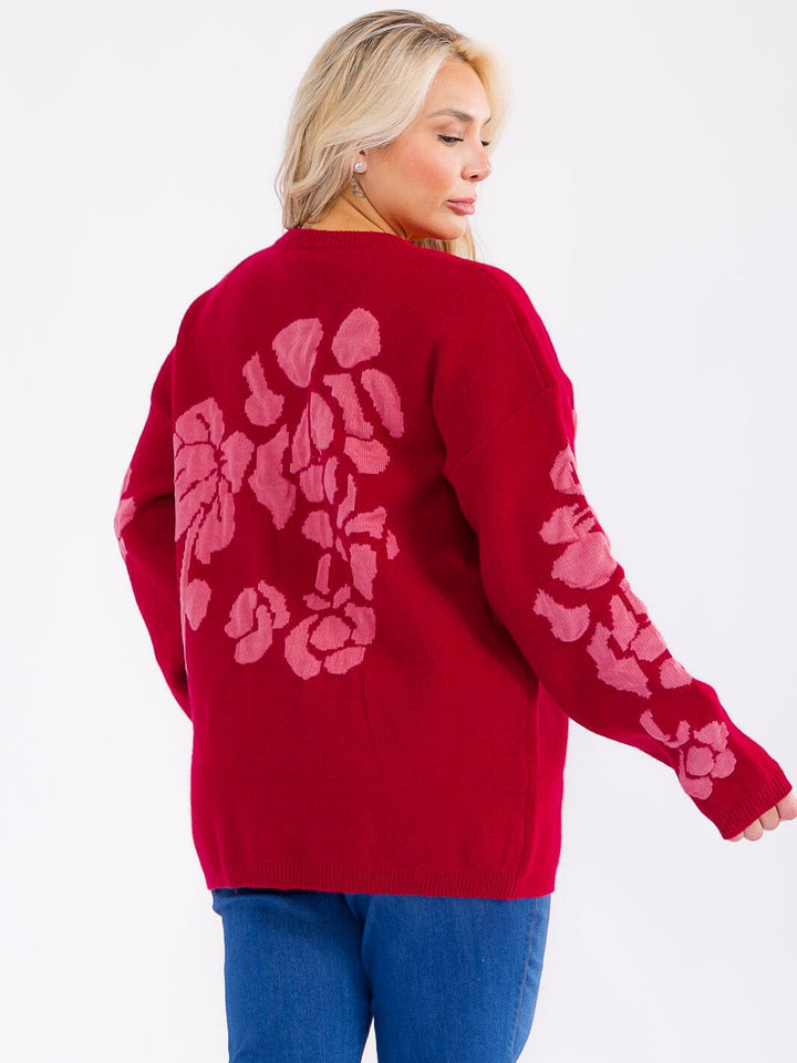 PLUS SIZE LONG SLEEVE FLORAL PRINT PULLOVER SWEATER