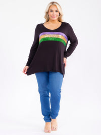 PLUS SIZE LONG SLEEVE V-NECK COLORBLOCK SEQUINS STRIPES TOP