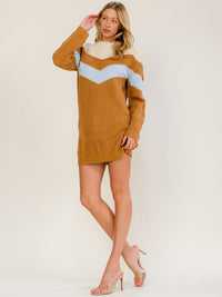 WOMEN'S LONG SLEEVE KNIT COLORBLOCK SWEATER MINI DRESS