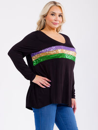 PLUS SIZE LONG SLEEVE V-NECK COLORBLOCK SEQUINS STRIPES TOP