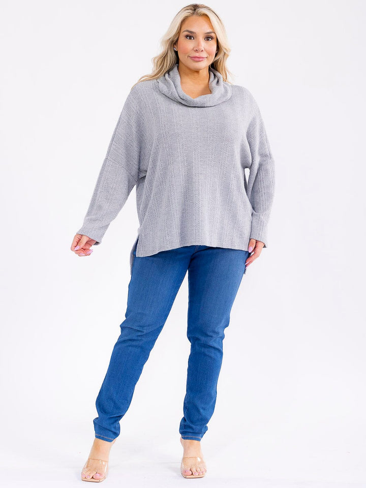 PLUS SIZE LONG SLEEVE TURTLE NECK HIGH LOW PULLOVER SWEATER