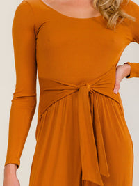 WOMEN'S LONG SLEEVE SELF TIE WIDE LEG RIBBED JUMPSUIT