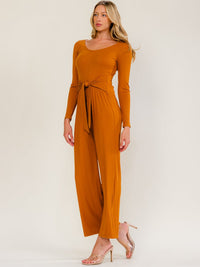 WOMEN'S LONG SLEEVE SELF TIE WIDE LEG RIBBED JUMPSUIT
