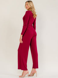 WOMEN'S LONG SLEEVE SELF TIE WIDE LEG RIBBED JUMPSUIT