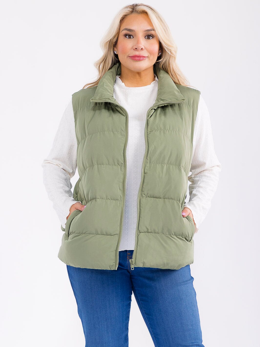 PLUS SIZE SLEEVELESS ZIP UP FRONT POCKETS PUFFER VEST