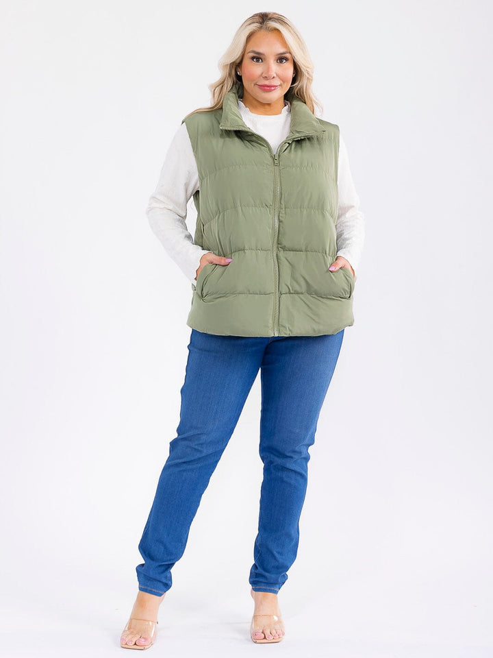 PLUS SIZE SLEEVELESS ZIP UP FRONT POCKETS PUFFER VEST