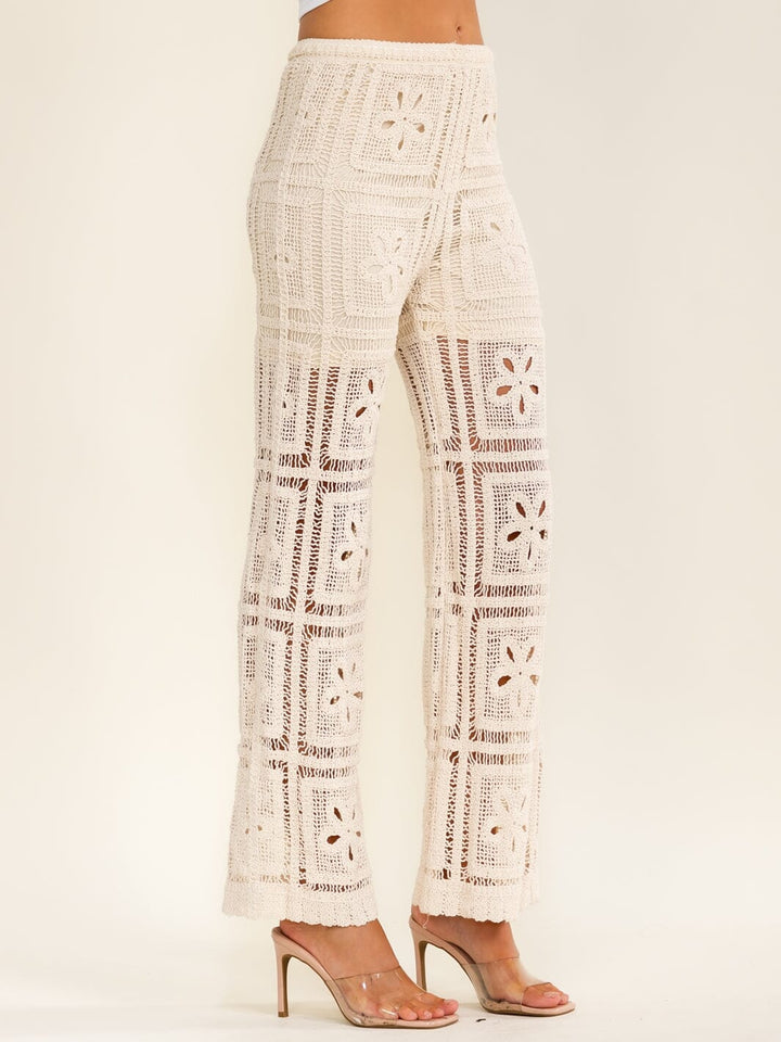 WOMEN'S ELASTIC WAIST FLORAL CROCHET STRAIGHT LEG PANTS